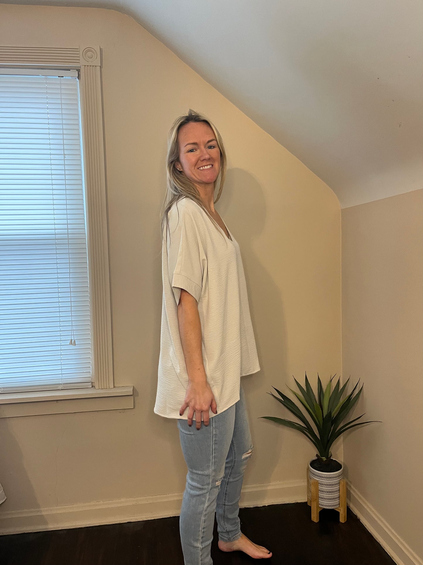 V neck dolman top in tan