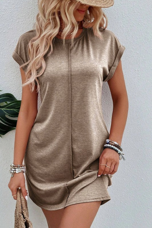 Center Seam Rolled Cuffs T-shirt Dress