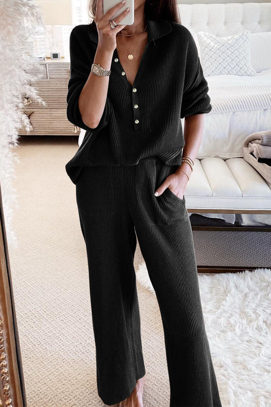 Black Ribbed Knit Collared Henley Top and Pants Lounge Outfit