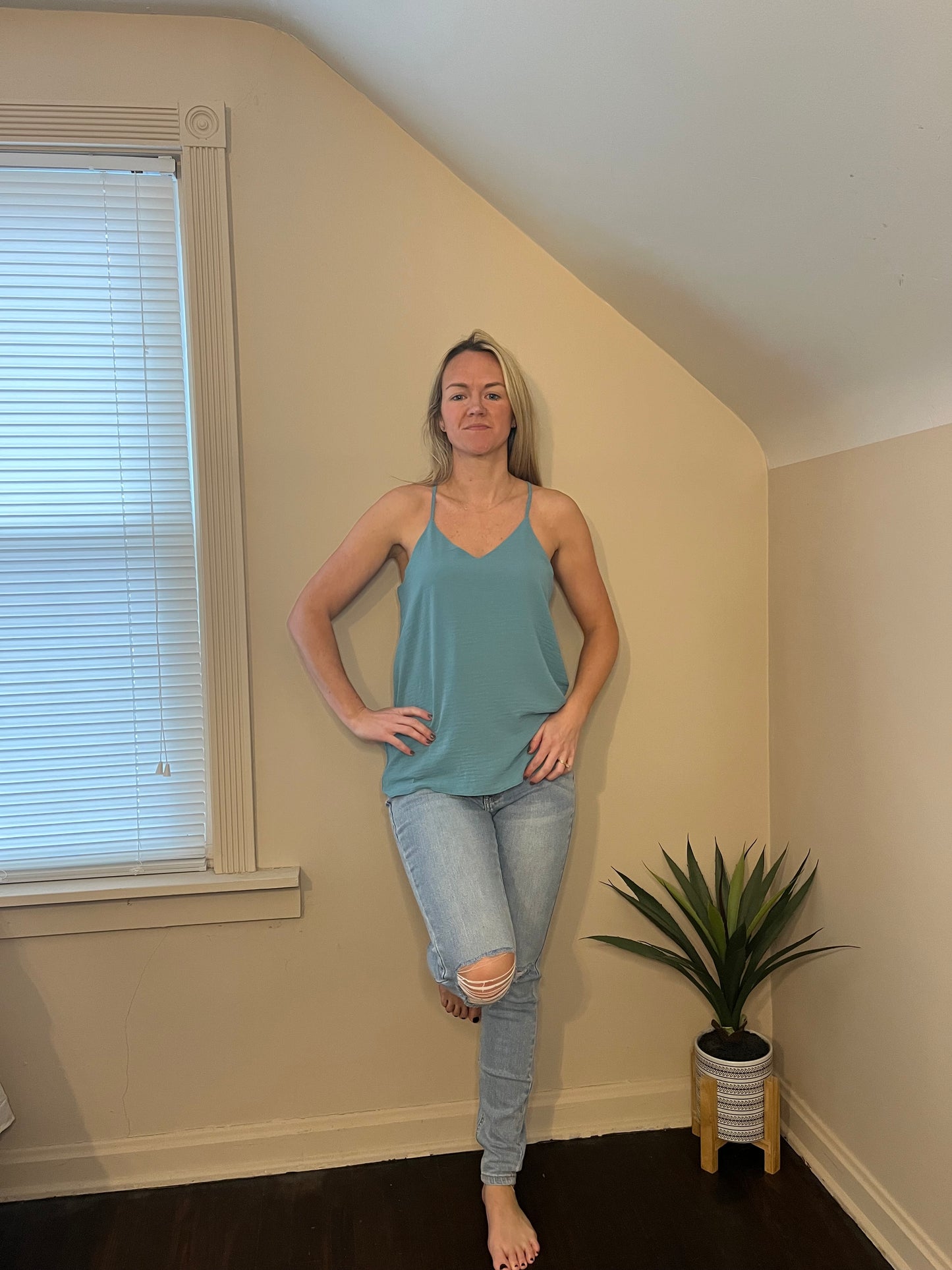 Adjustable strap v neck dusty teal tank