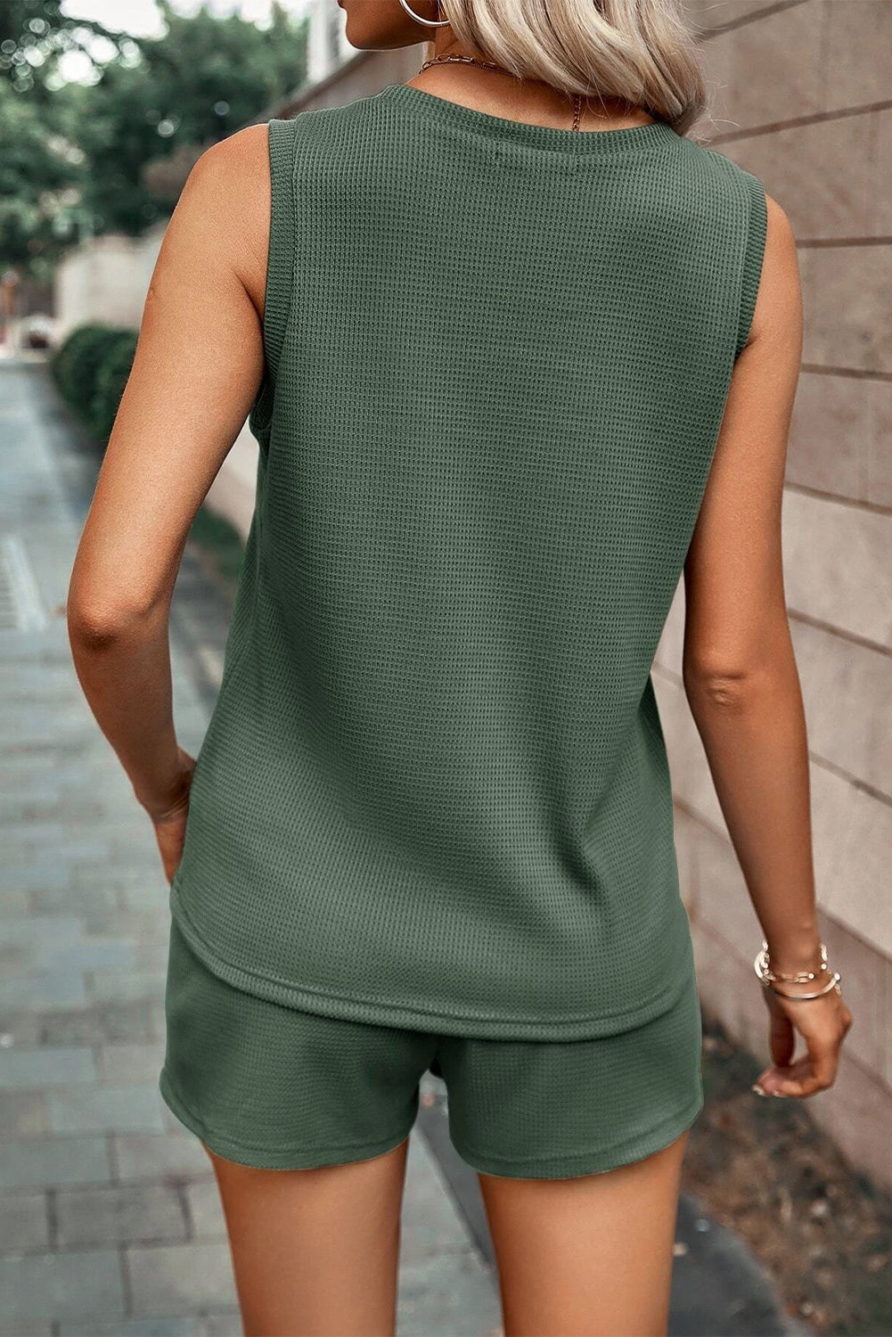 Mist Green Waffle Knit Patched Pocket Tank and Drawstring Shorts Set