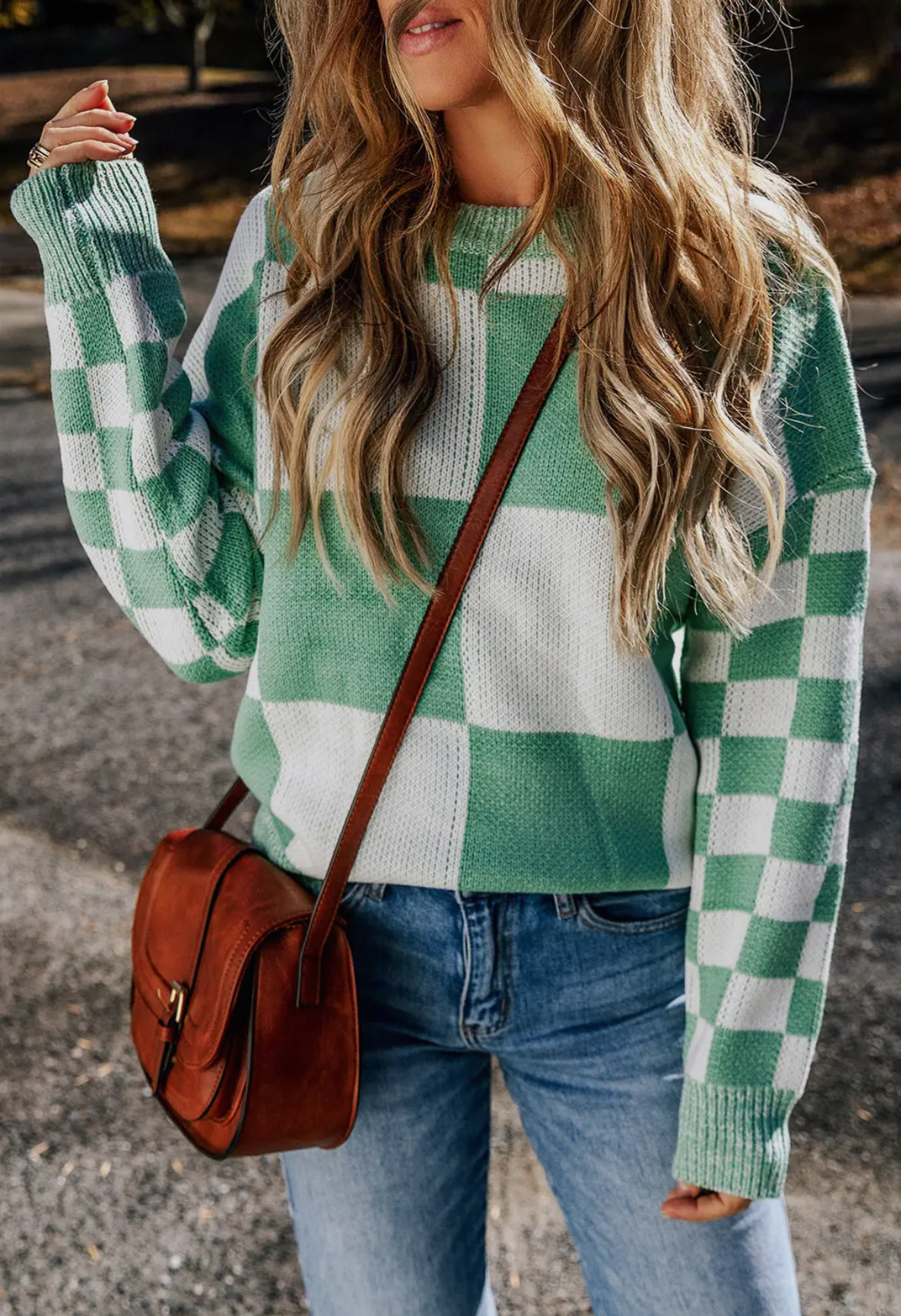 SALE- Green checkered drop shoulder sweater