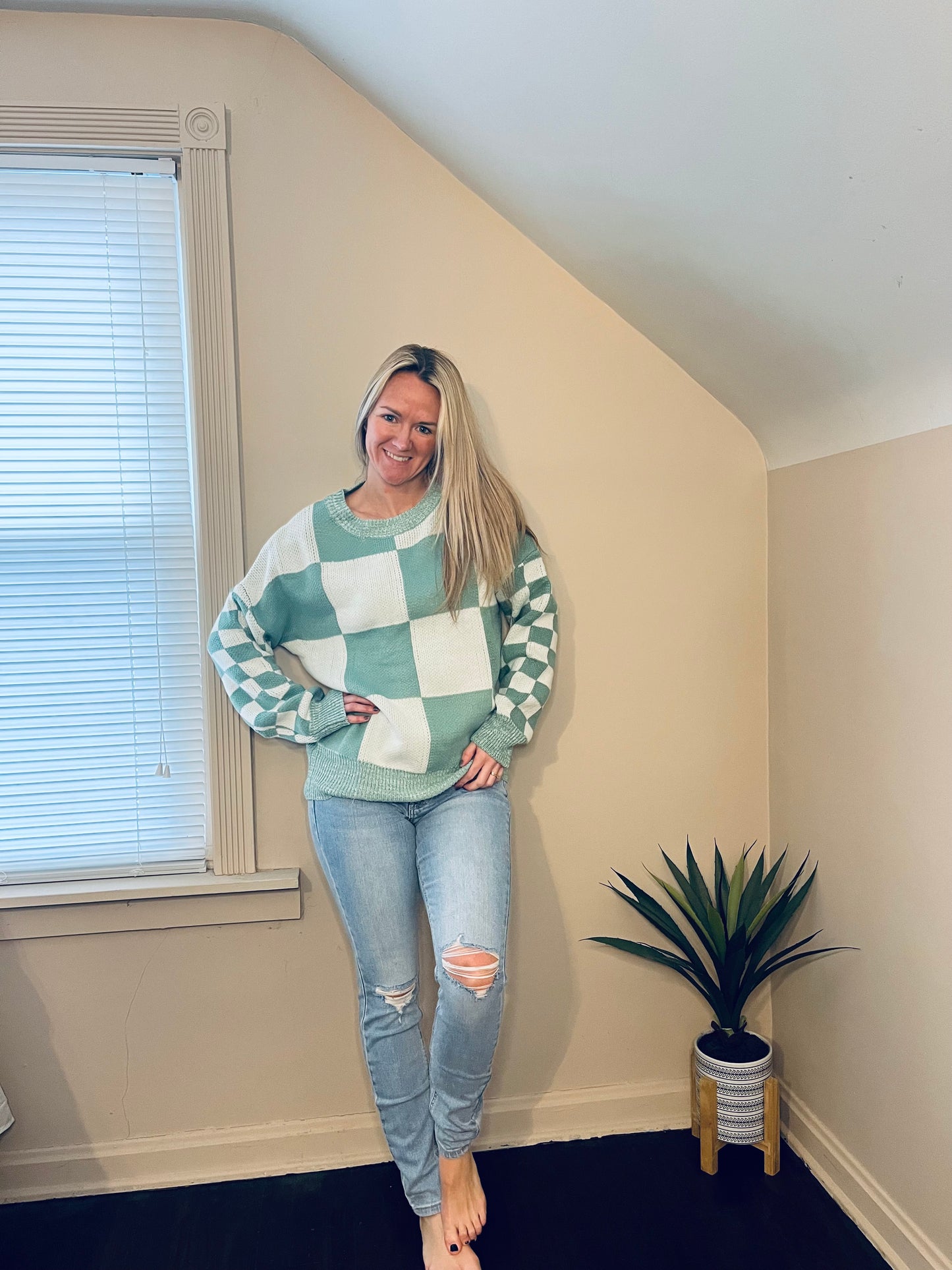 SALE- Green checkered drop shoulder sweater