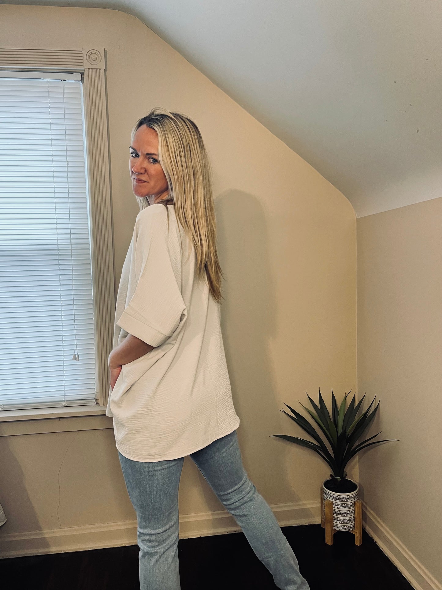 V neck dolman top in tan