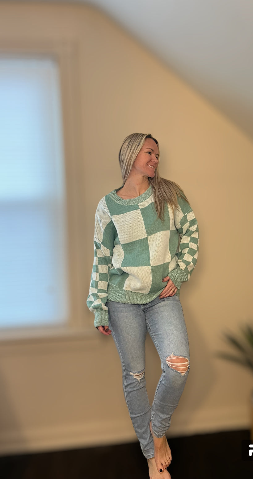 SALE- Green checkered drop shoulder sweater