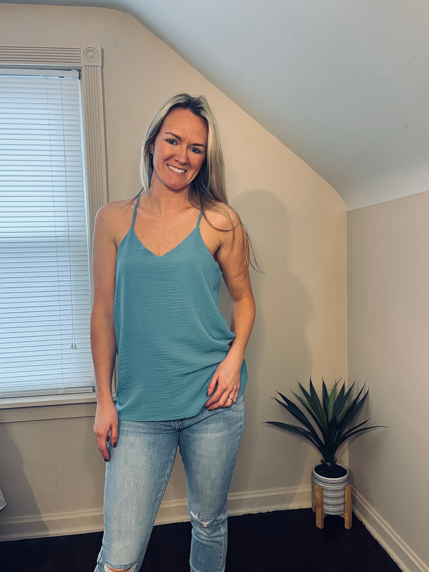 Adjustable strap v neck dusty teal tank