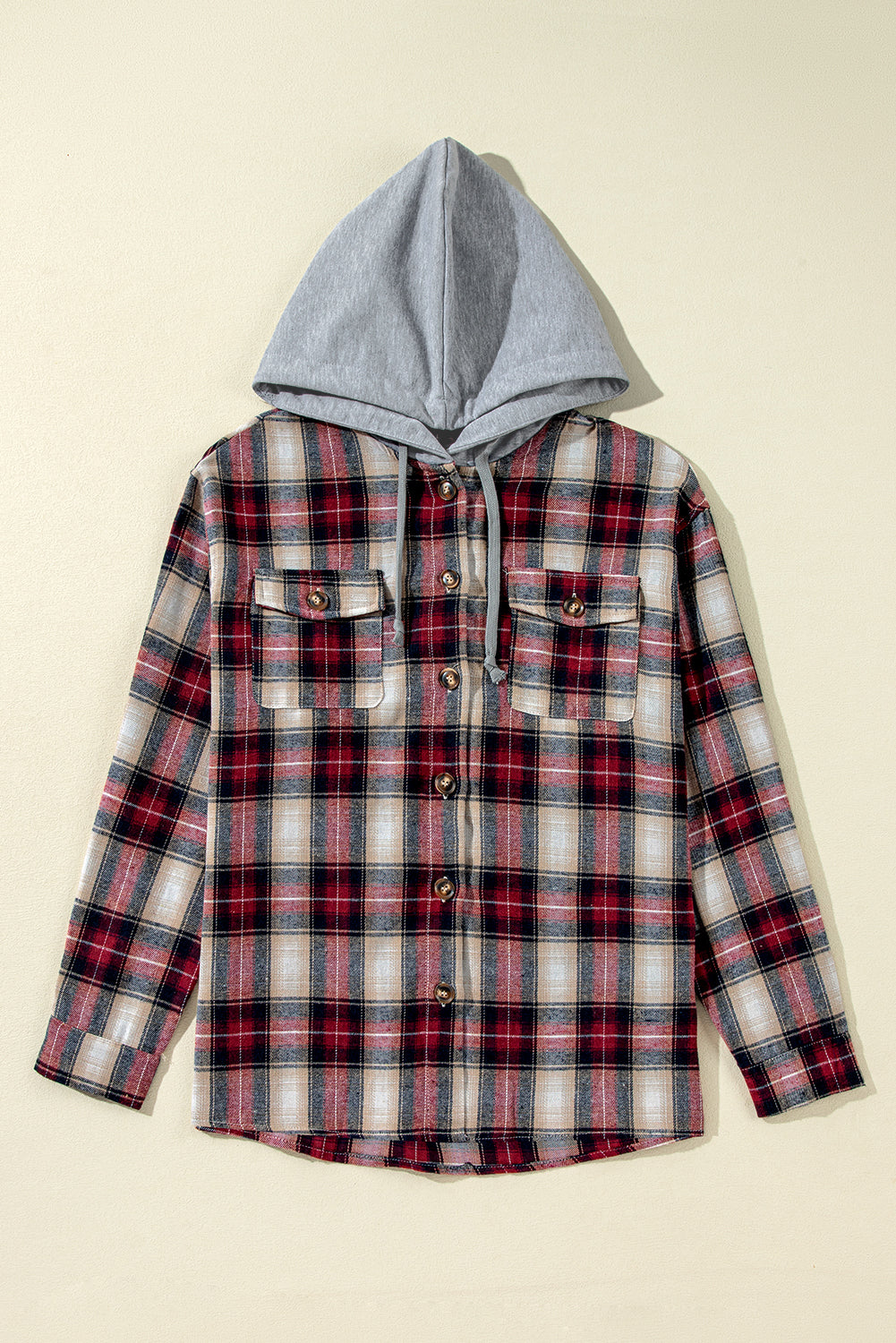 Red Plaid Print Chest Pocket Buttoned Hooded Shacket